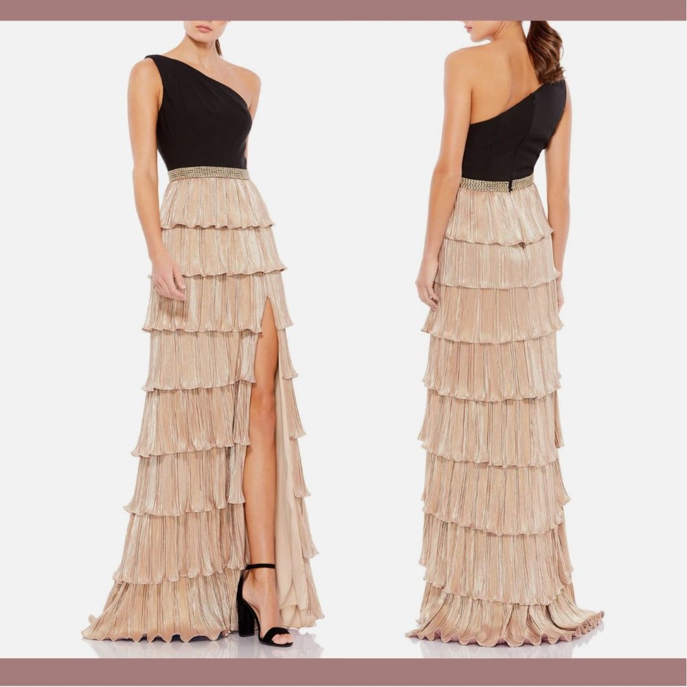 NEW $498 IEENA Mac Duggal [ 10 ] One Shoulder Layered Metallic Ruffle Gown Black